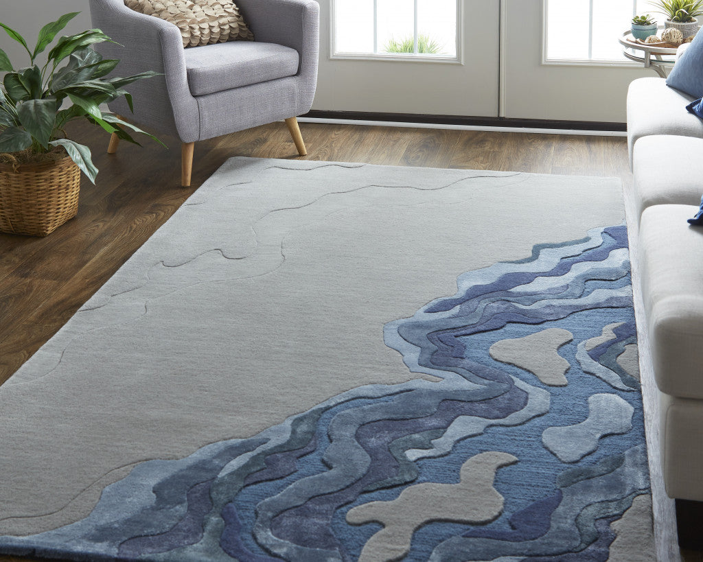 10' X 14' Blue and Gray Wool Abstract Hand Tufted Area Rug-4