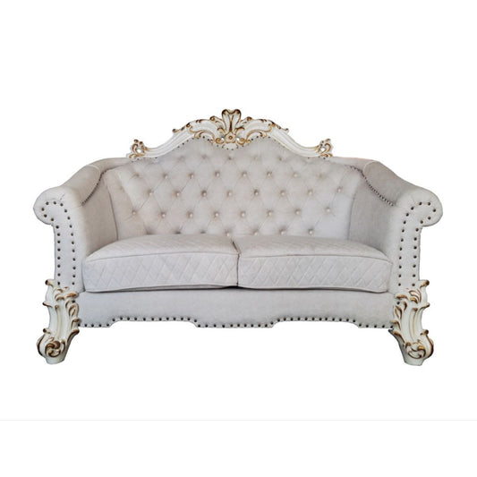 66" Two Tone Ivory And Pearl Velvet Loveseat and Toss Pillows-0