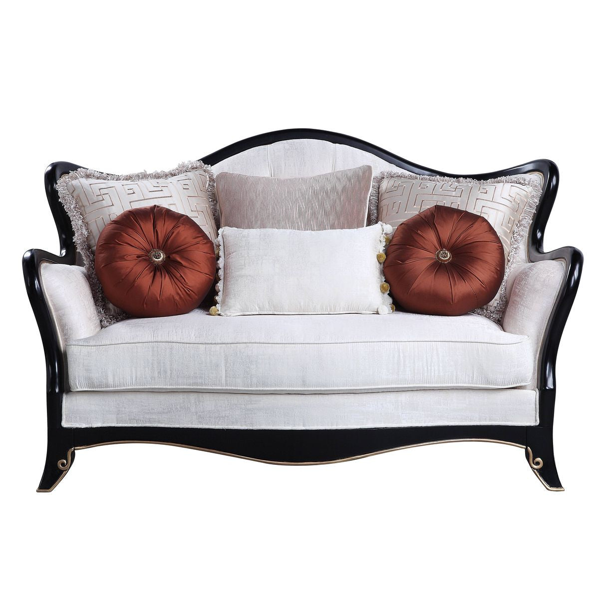 66" Beige And Black Cotton Blend Loveseat and Toss Pillows-0