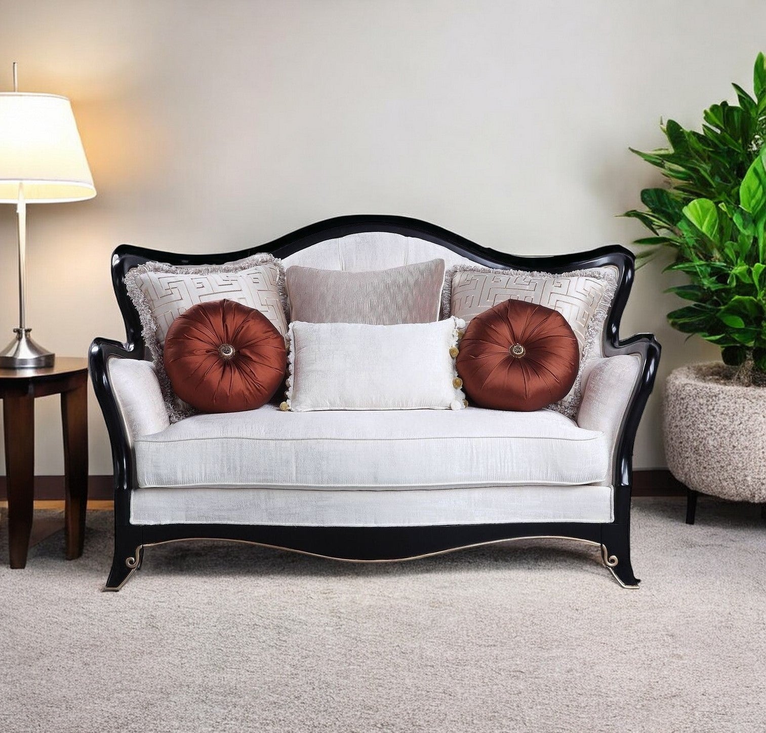 66" Beige And Black Cotton Blend Loveseat and Toss Pillows-1