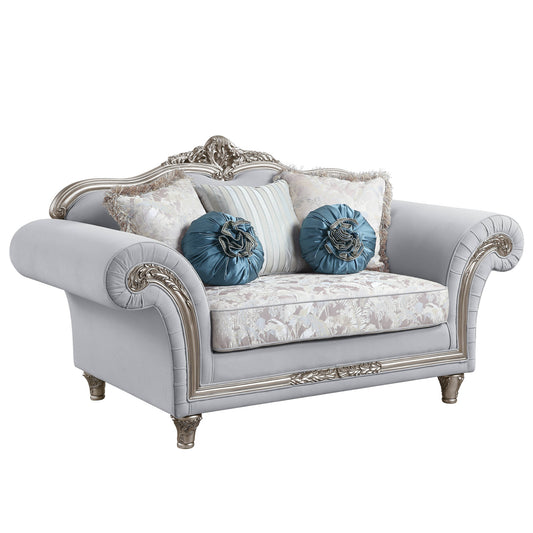76" Light Gray And Platinum Linen Loveseat and Toss Pillows-0