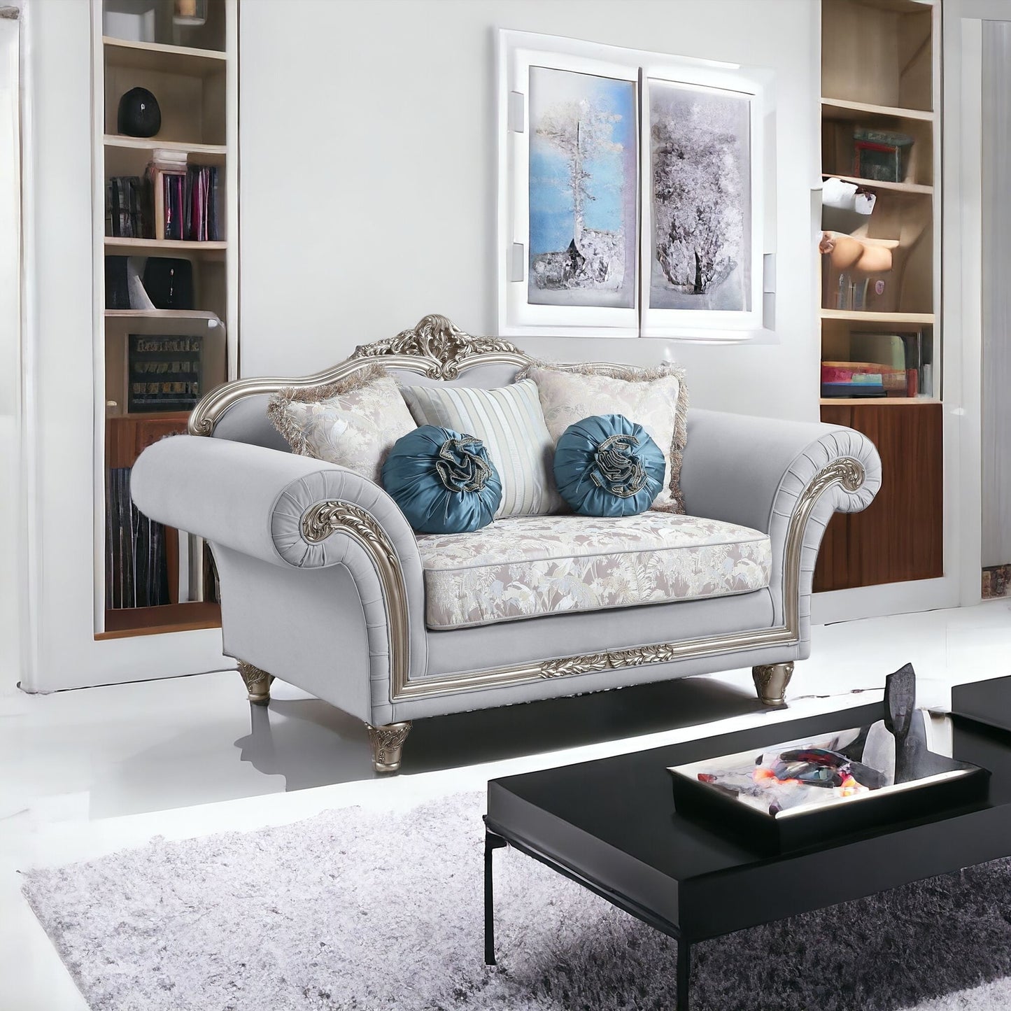 76" Light Gray And Platinum Linen Loveseat and Toss Pillows-1