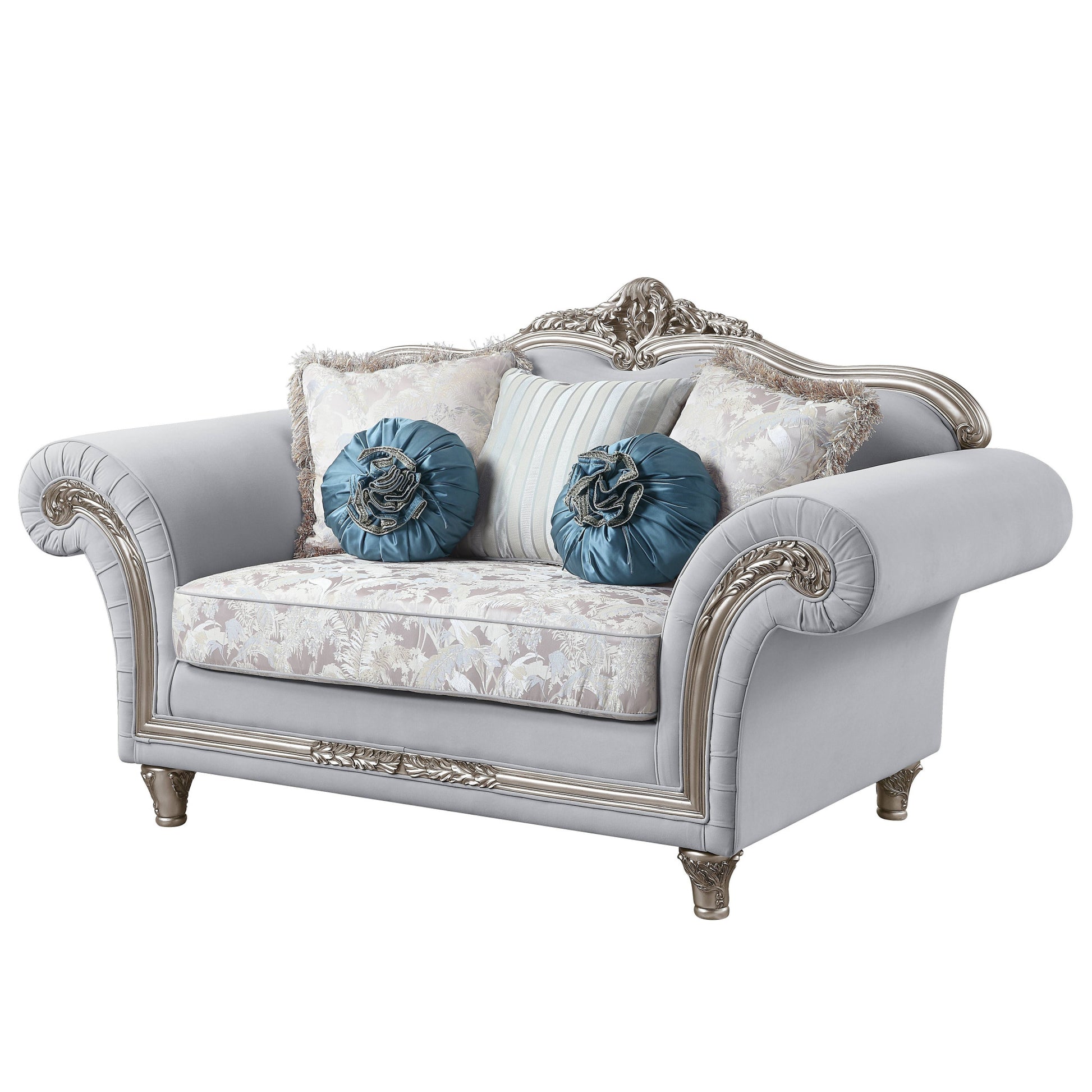 76" Light Gray And Platinum Linen Loveseat and Toss Pillows-2