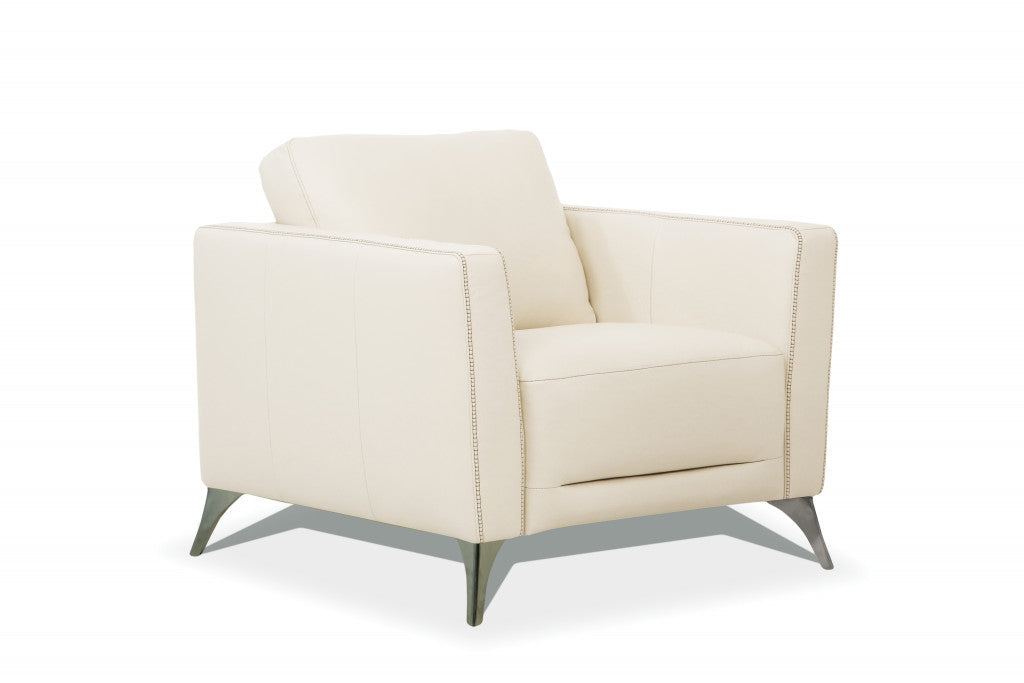 35" Cream and Black Genuine Leather Arm Chair-0