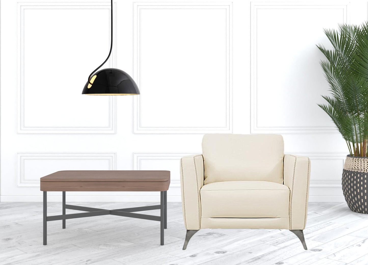 35" Cream and Black Genuine Leather Arm Chair-2