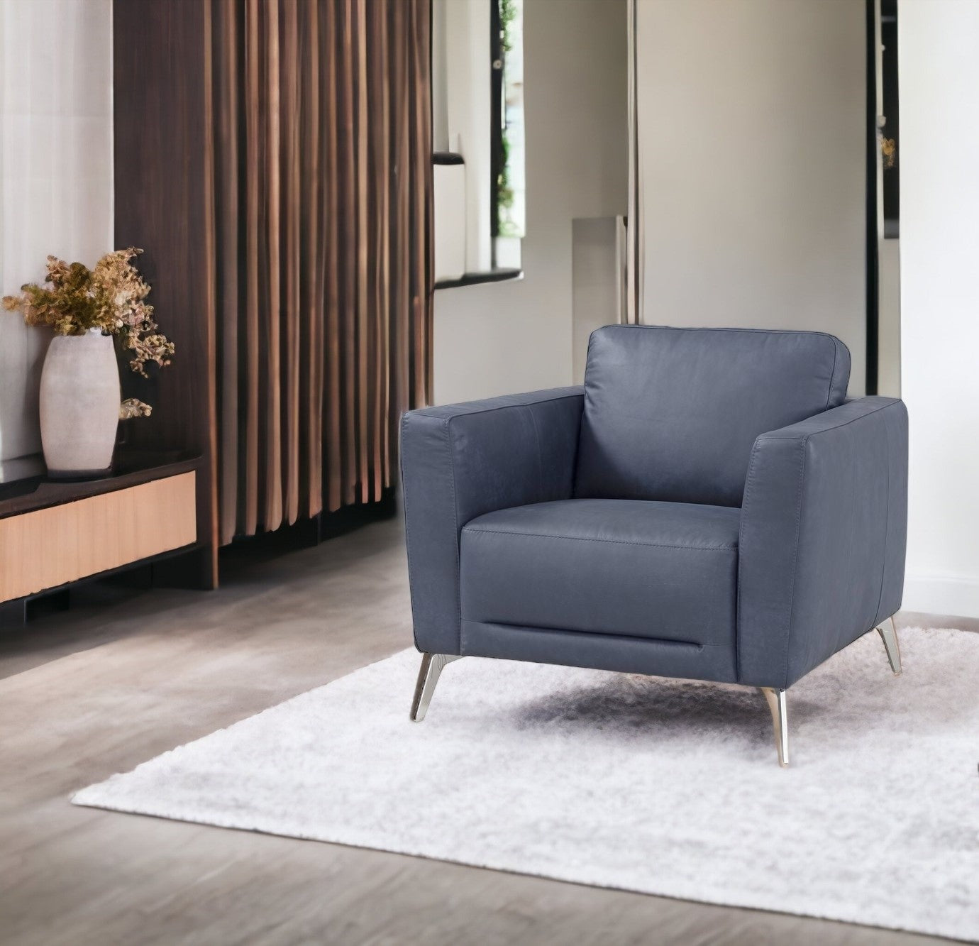 40" Blue and Silver Genuine Leather Arm Chair-1