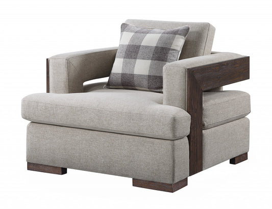 40" Light Gray and Brown Fabric Arm Chair And Toss Pillow-0