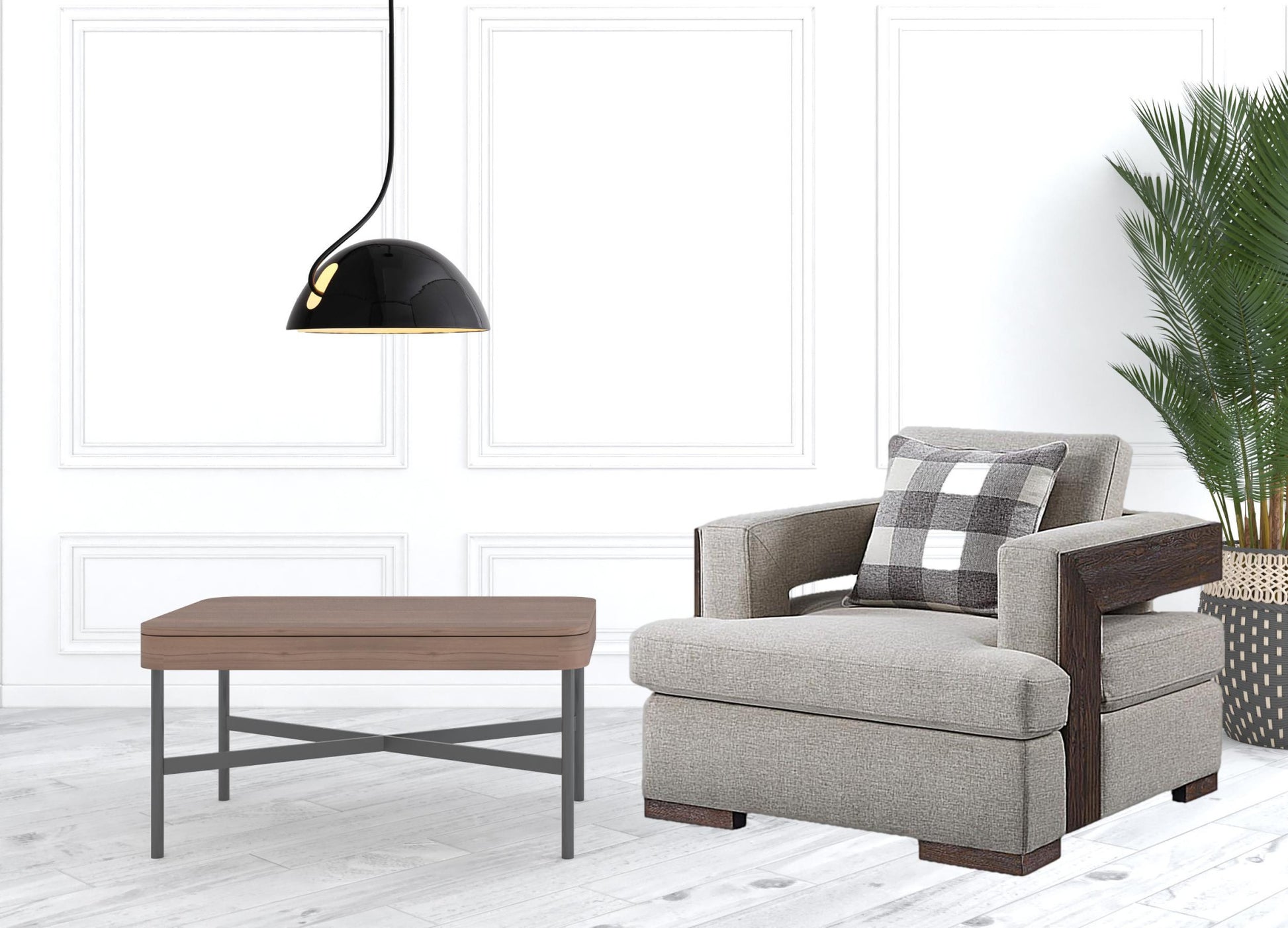 40" Light Gray and Brown Fabric Arm Chair And Toss Pillow-4