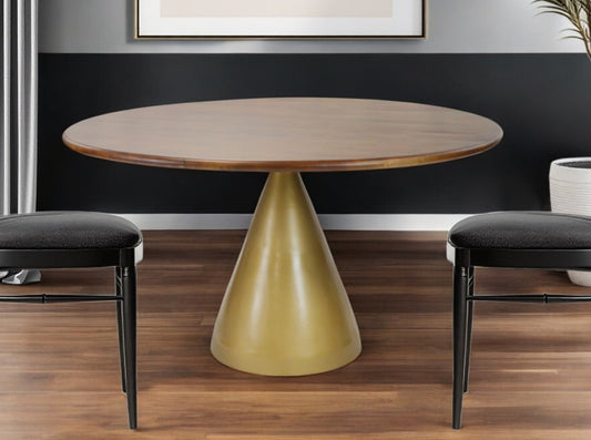 48" Brown And Gold Rounded Solid Wood And Iron Pedestal Base Dining Table-0