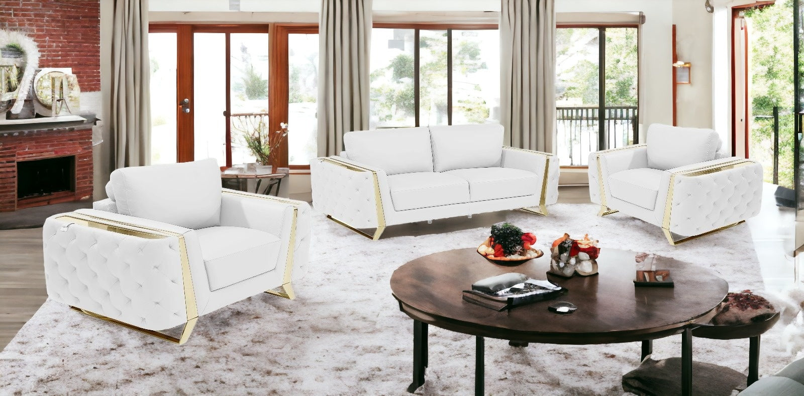 Three Piece Indoor White Italian Leather Six Person Seating Set-1