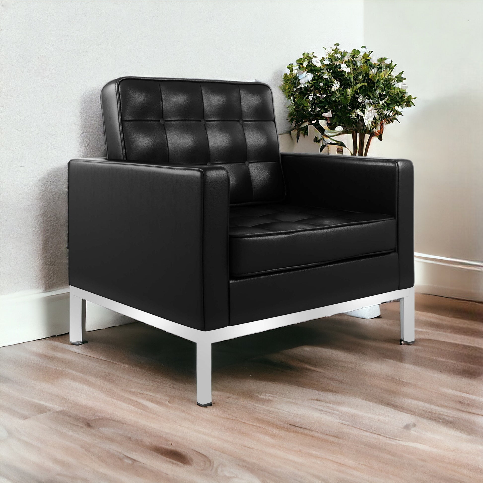 31" Black and Silver Italian Leather Tufted Club Chair-1