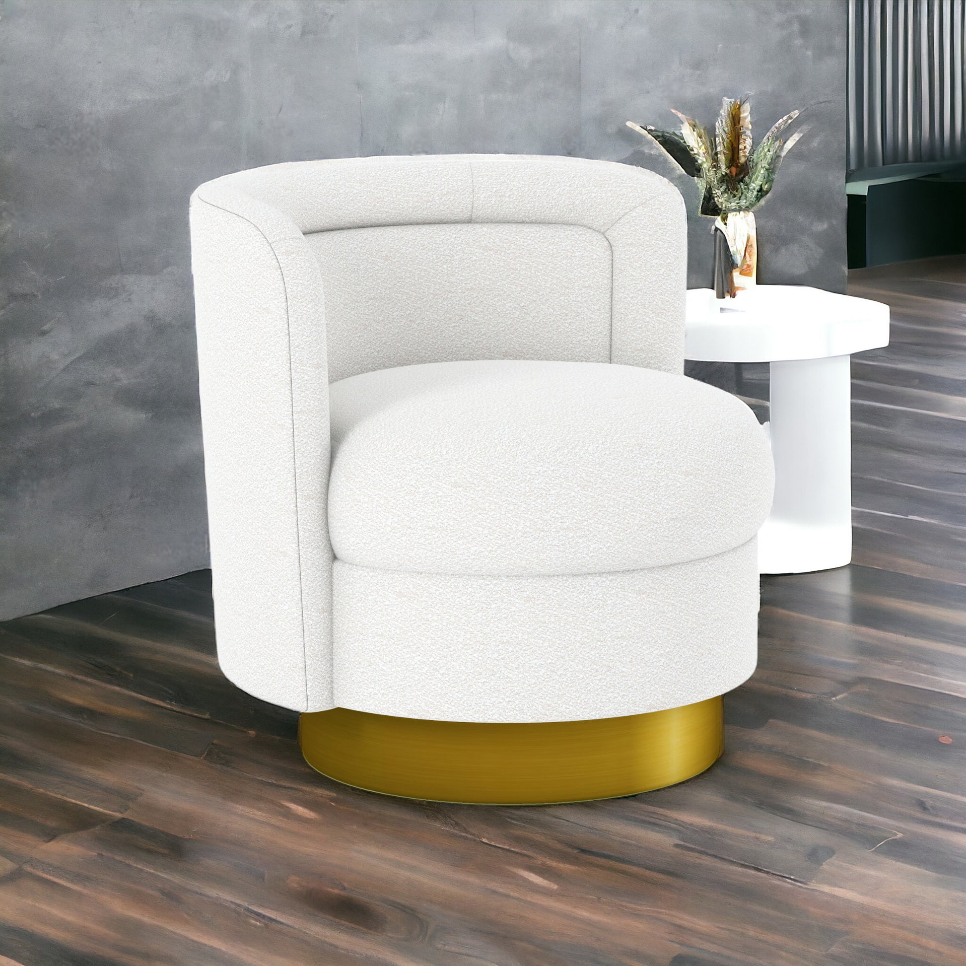 28" White and Gold Boucle Swivel Barrel Chair-1