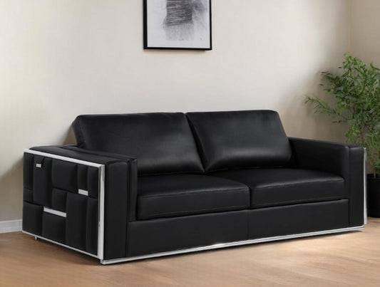89" Black Italian Leather Sofa With Silver Legs-0