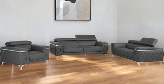 Three Piece Gray Top Grain Leather Five Person Seating Set-0