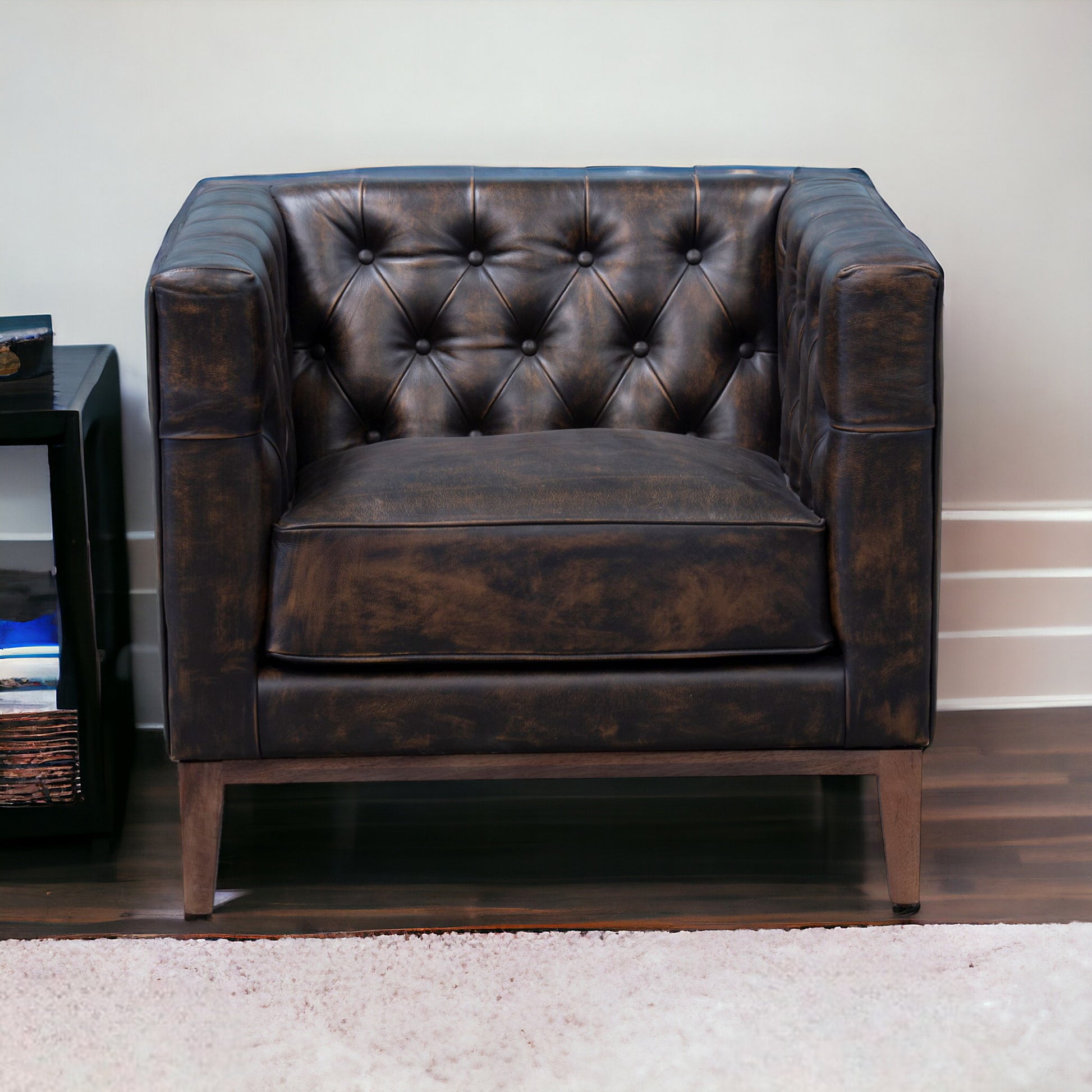33" Brown and Black Antiqued Top Grain Leather Tufted Club Chair-1