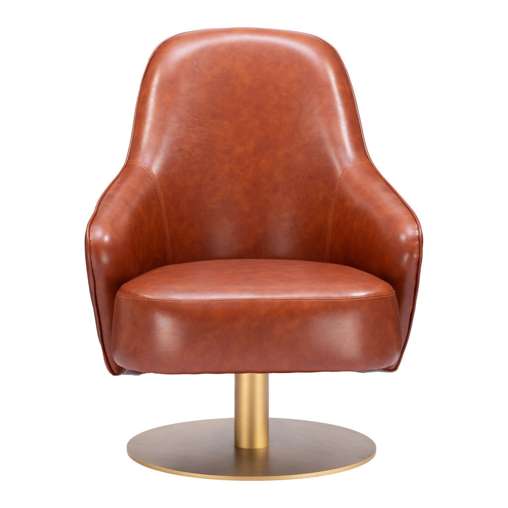 28" Brown And Gold Faux Leather And Faux Leather Swivel Arm Chair-1
