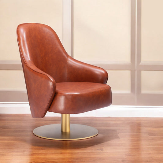 28" Brown And Gold Faux Leather And Faux Leather Swivel Arm Chair-0