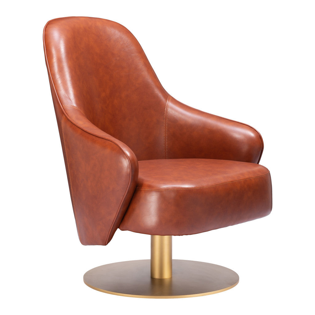 28" Brown And Gold Faux Leather And Faux Leather Swivel Arm Chair-5