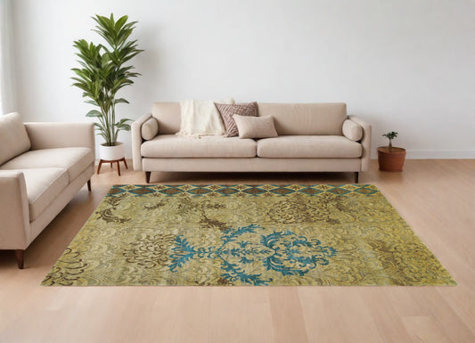 8' X 10' Tan Blue and Brown Floral Hand Knotted Area Rug-0