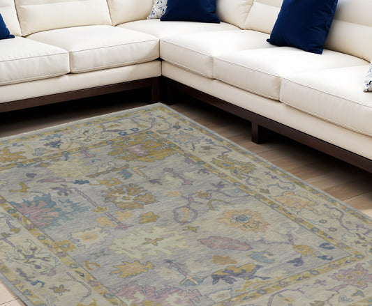 8' X 10' Purple Gray and Gold Wool Oriental Hand Knotted Area Rug With Fringe-0