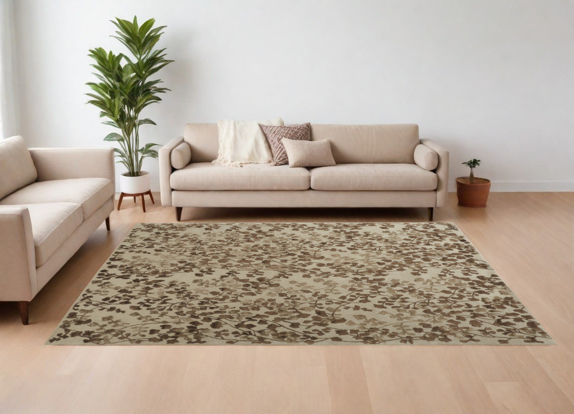10' X 14' Taupe and Brown Floral Hand Tufted Area Rug-1