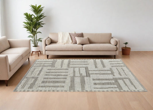 8' X 10' Gray and Ivory Wool Geometric Hand Woven Area Rug-0