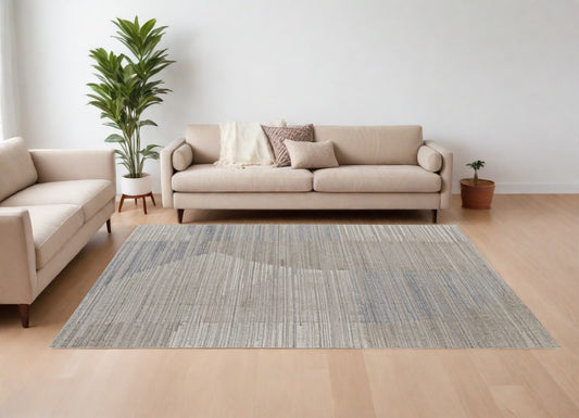 9' X 12' Tan and Blue Abstract Hand Woven Worn Faded Area Rug-0