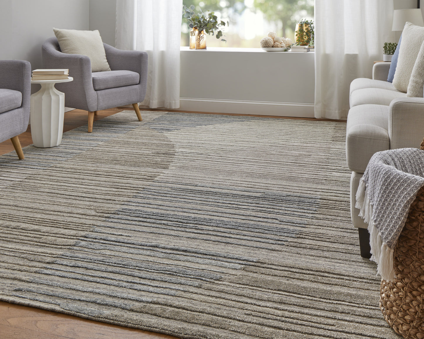 9' X 12' Tan and Blue Abstract Hand Woven Worn Faded Area Rug-8