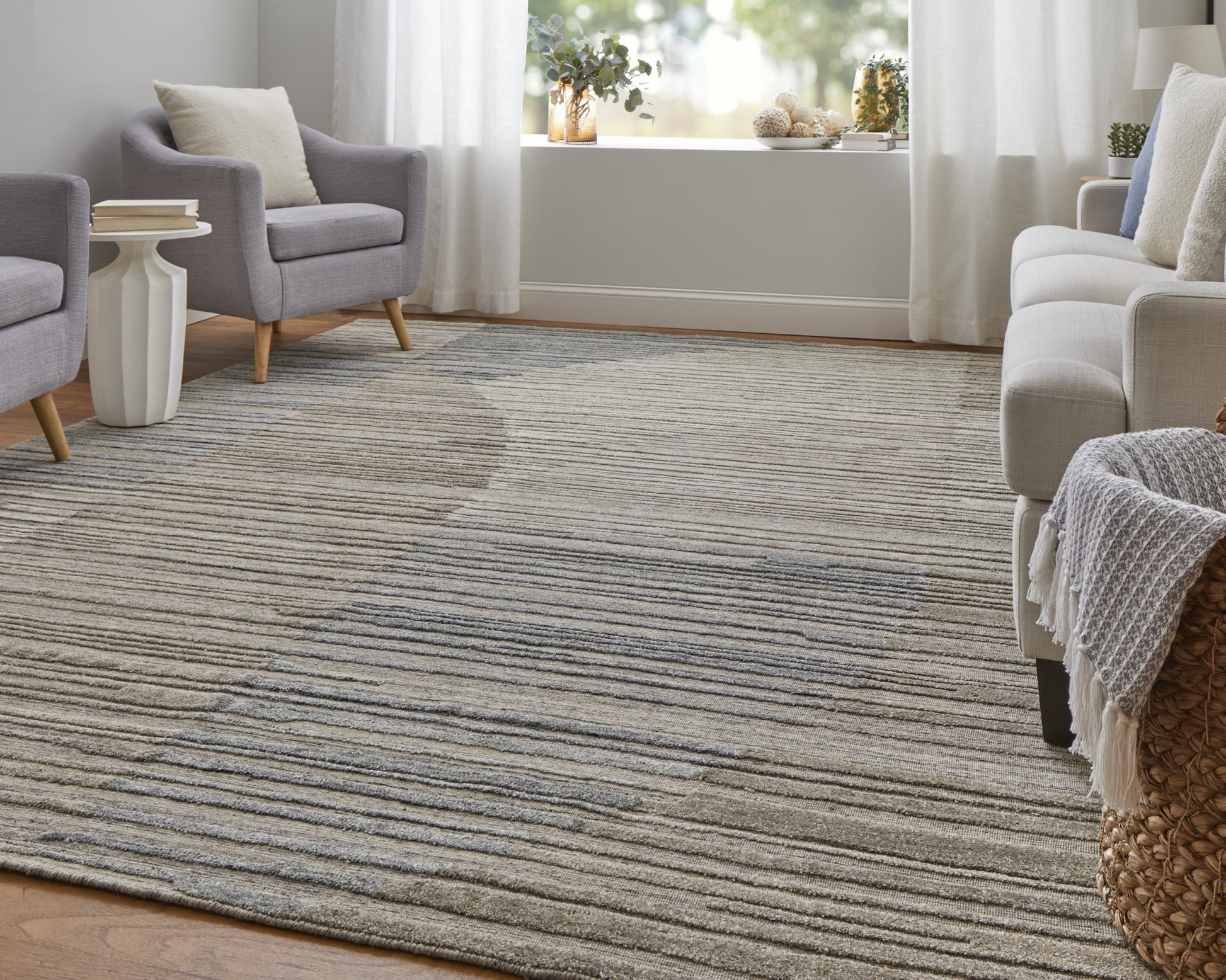 9' X 12' Tan and Blue Abstract Hand Woven Worn Faded Area Rug-8