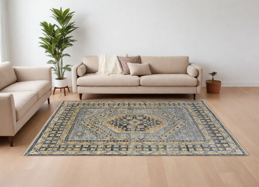 10' X 14' Blue Gray and Tan Wool Oriental Hand Knotted Area Rug With Fringe-0