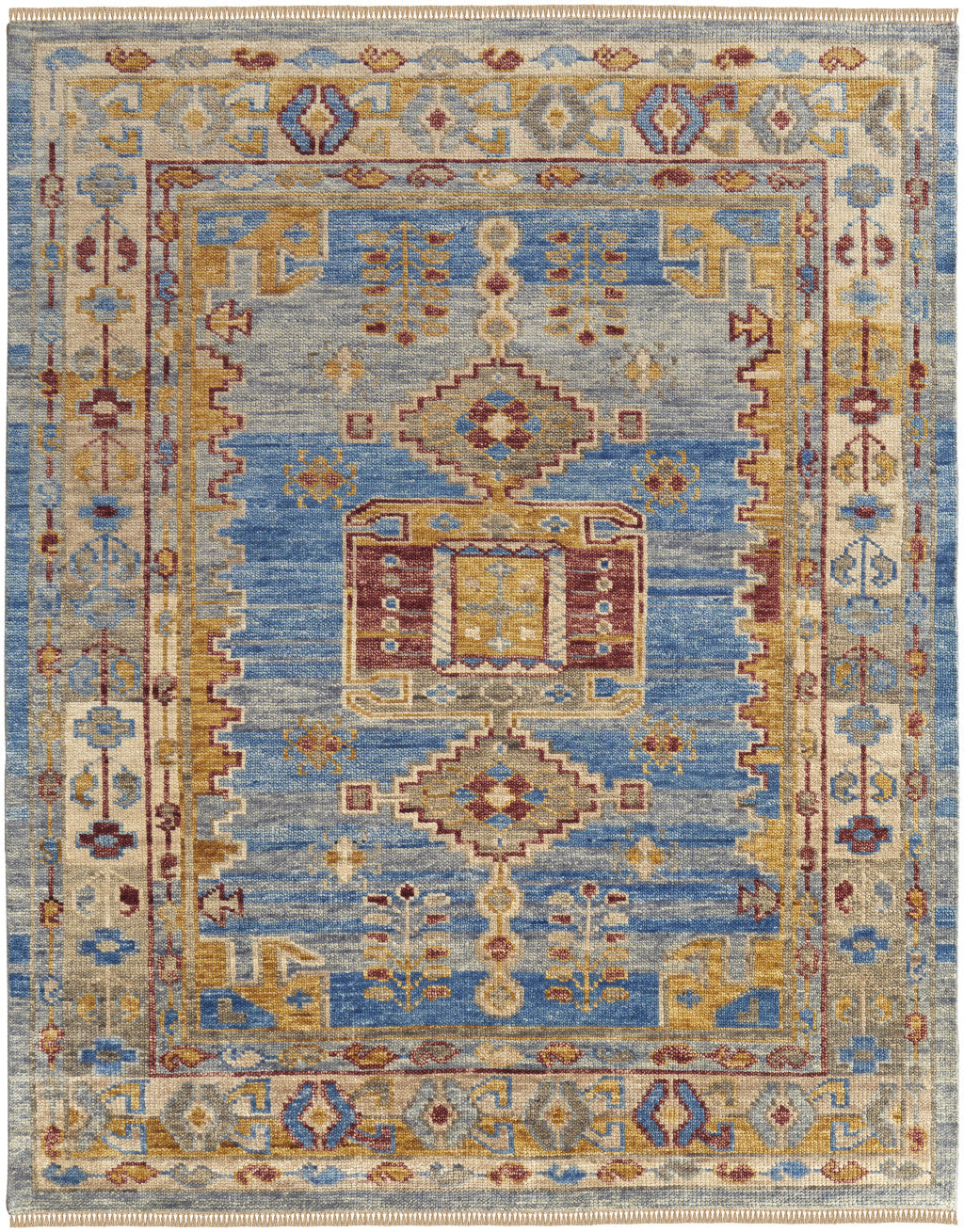 10' X 14' Blue Red and Yellow Wool Geometric Hand Knotted Area Rug With Fringe-4