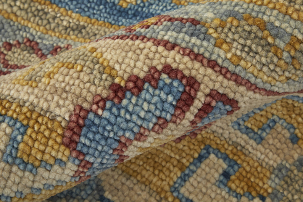 10' X 14' Blue Red and Yellow Wool Geometric Hand Knotted Area Rug With Fringe-6