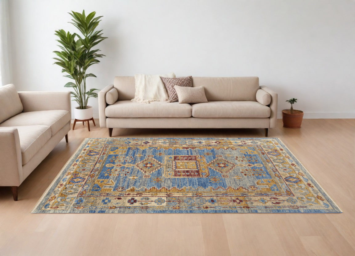 10' X 14' Blue Red and Yellow Wool Geometric Hand Knotted Area Rug With Fringe-0