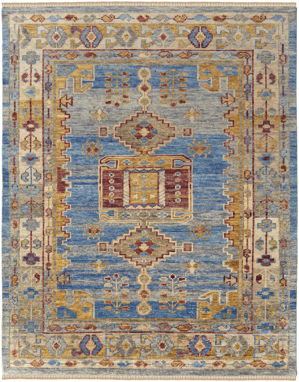 10' X 14' Blue Red and Yellow Wool Geometric Hand Knotted Area Rug With Fringe-1