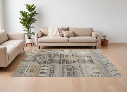 9' X 13' Ivory Gray and Orange Wool Moroccan Hand Knotted Area Rug-0