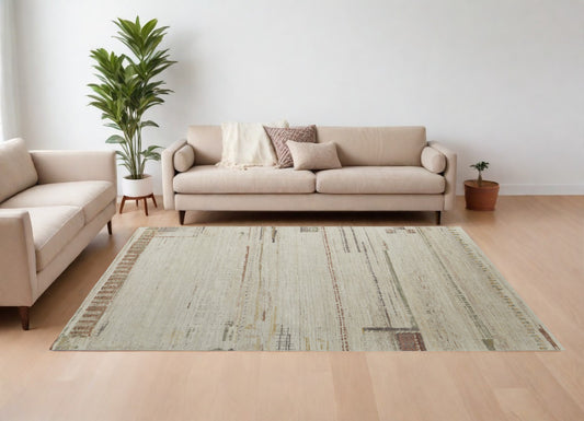 6' X 9' Gray Tan and Green Wool Abstract Hand Knotted Area Rug-0
