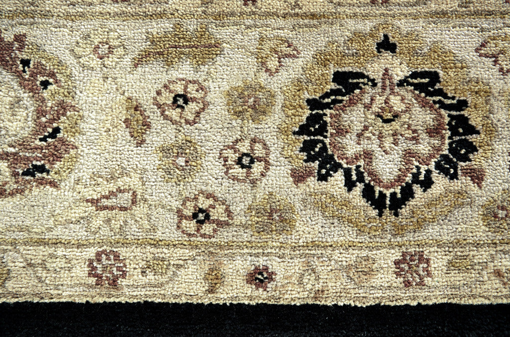 8' Black Brown and Gold Wool Oriental Hand Knotted Round Rug-3
