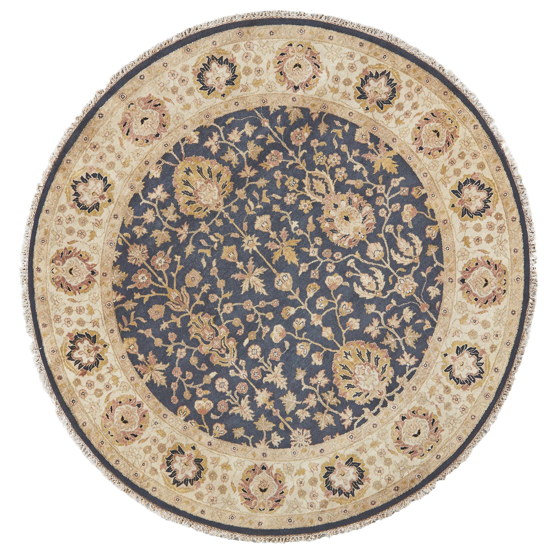 8' Black Brown and Gold Wool Oriental Hand Knotted Round Rug-1