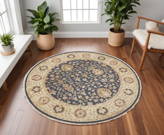 8' Black Brown and Gold Wool Oriental Hand Knotted Round Rug-0