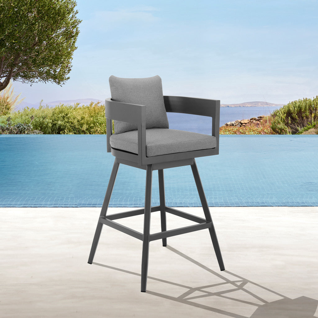 39" Dark Gray Metal Swivel Low back Outdoor Bar Height chair with Footrest-8