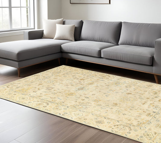 6' X 9' Beige And Gray Wool Oriental Hand Knotted Area Rug-0