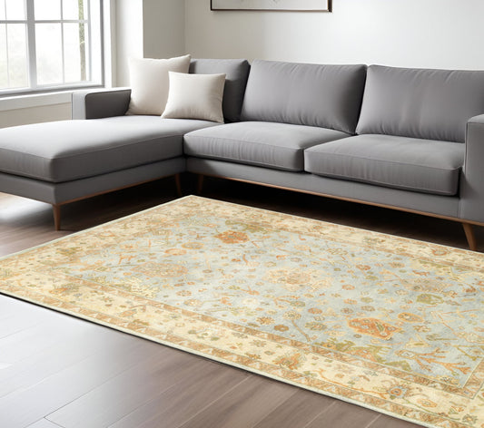 6' X 9' Blue And Sand Wool Oriental Hand Knotted Area Rug-0