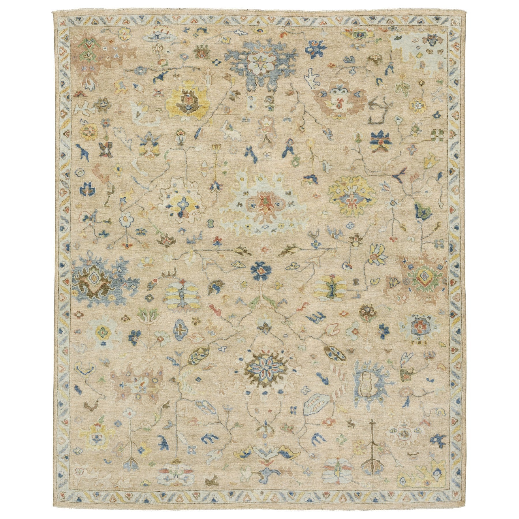 8' X 10' Beige Yellow And Light Blue Wool Oriental Hand Knotted Area Rug With Fringe-1