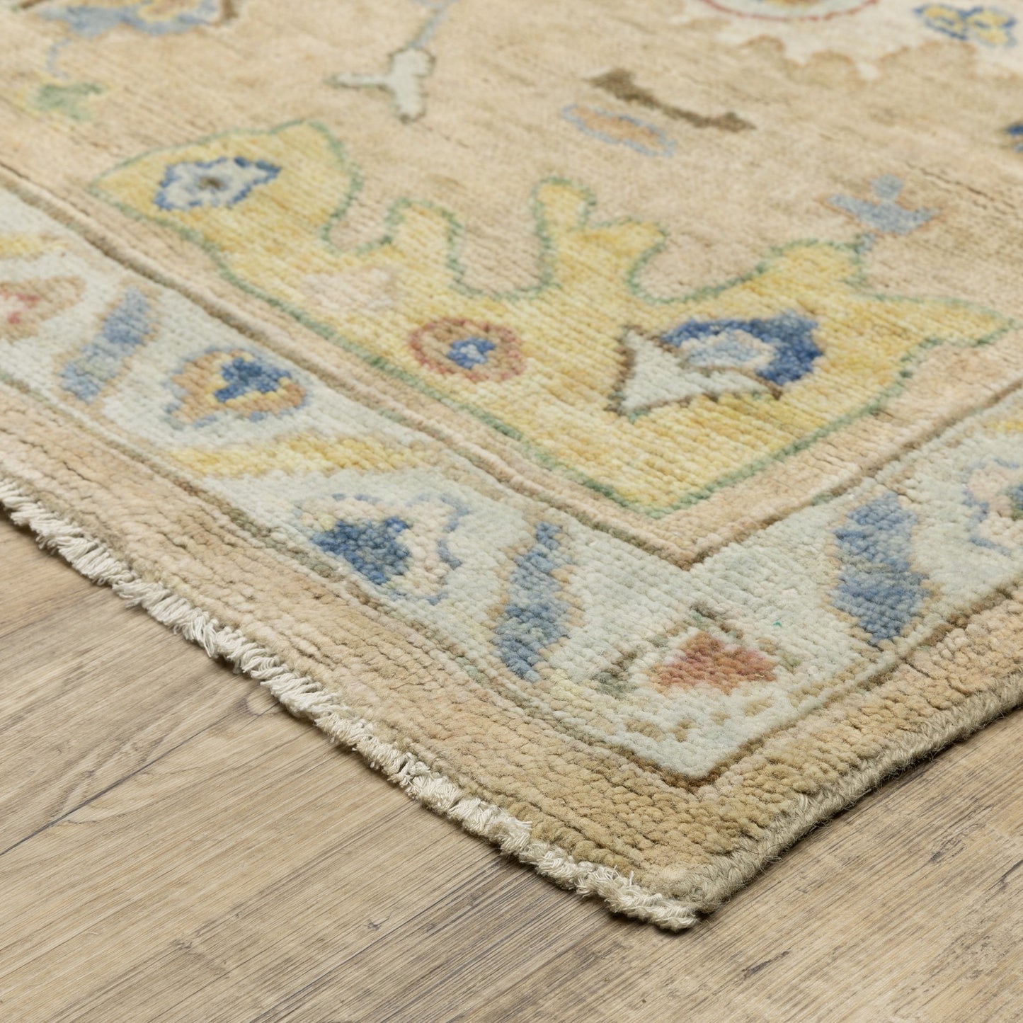 8' X 10' Beige Yellow And Light Blue Wool Oriental Hand Knotted Area Rug With Fringe-5