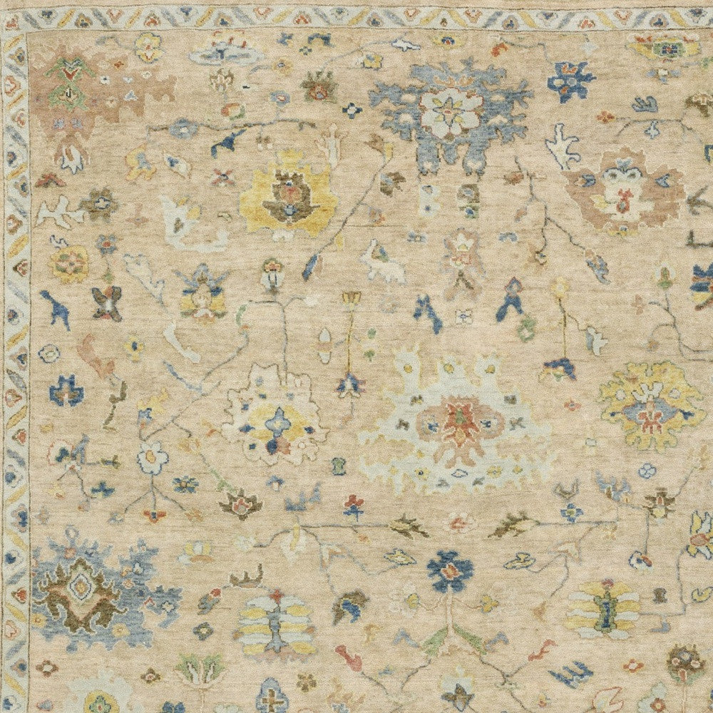 8' X 10' Beige Yellow And Light Blue Wool Oriental Hand Knotted Area Rug With Fringe-4