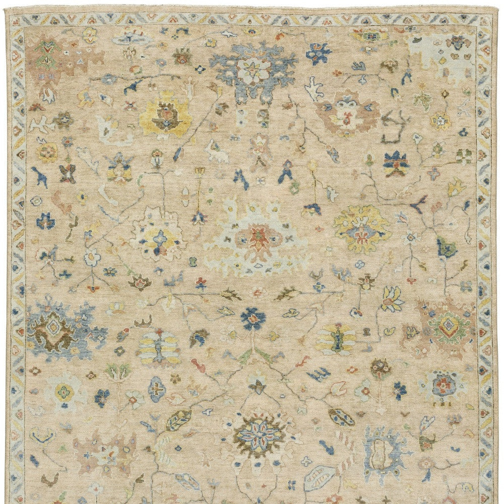 8' X 10' Beige Yellow And Light Blue Wool Oriental Hand Knotted Area Rug With Fringe-3