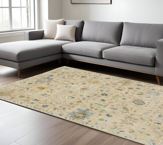 8' X 10' Beige Yellow And Light Blue Wool Oriental Hand Knotted Area Rug With Fringe-0
