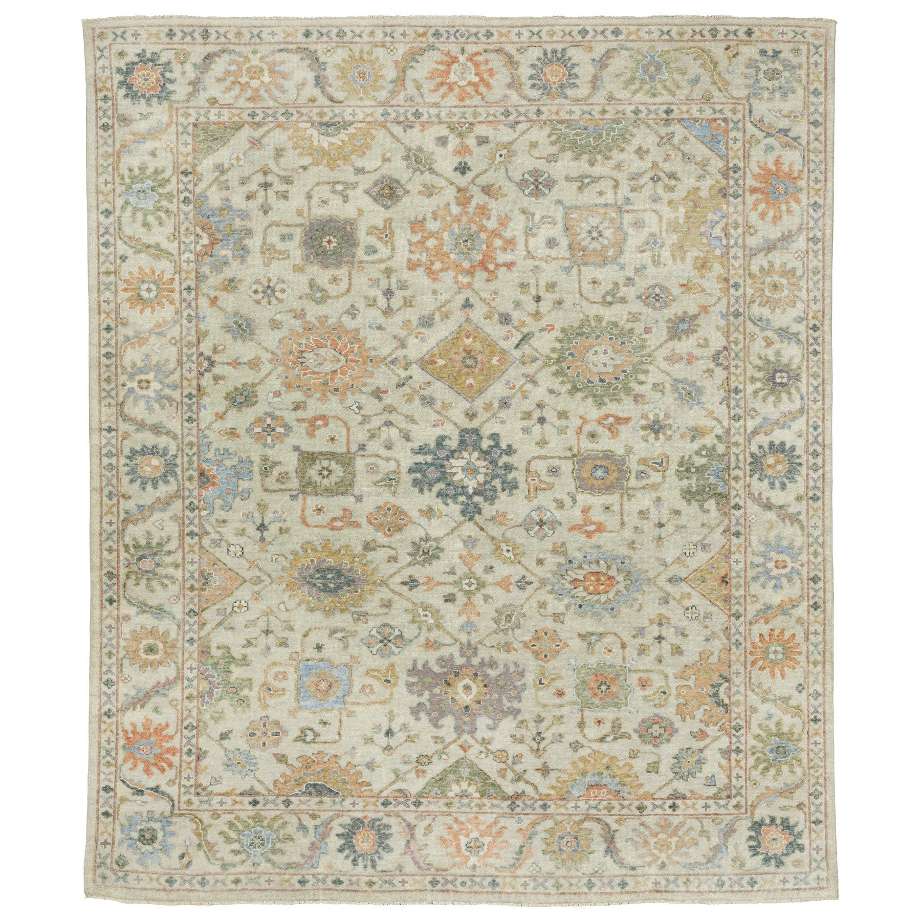 10' X 14' Beige And Green Wool Oriental Hand Knotted Area Rug With Fringe-1