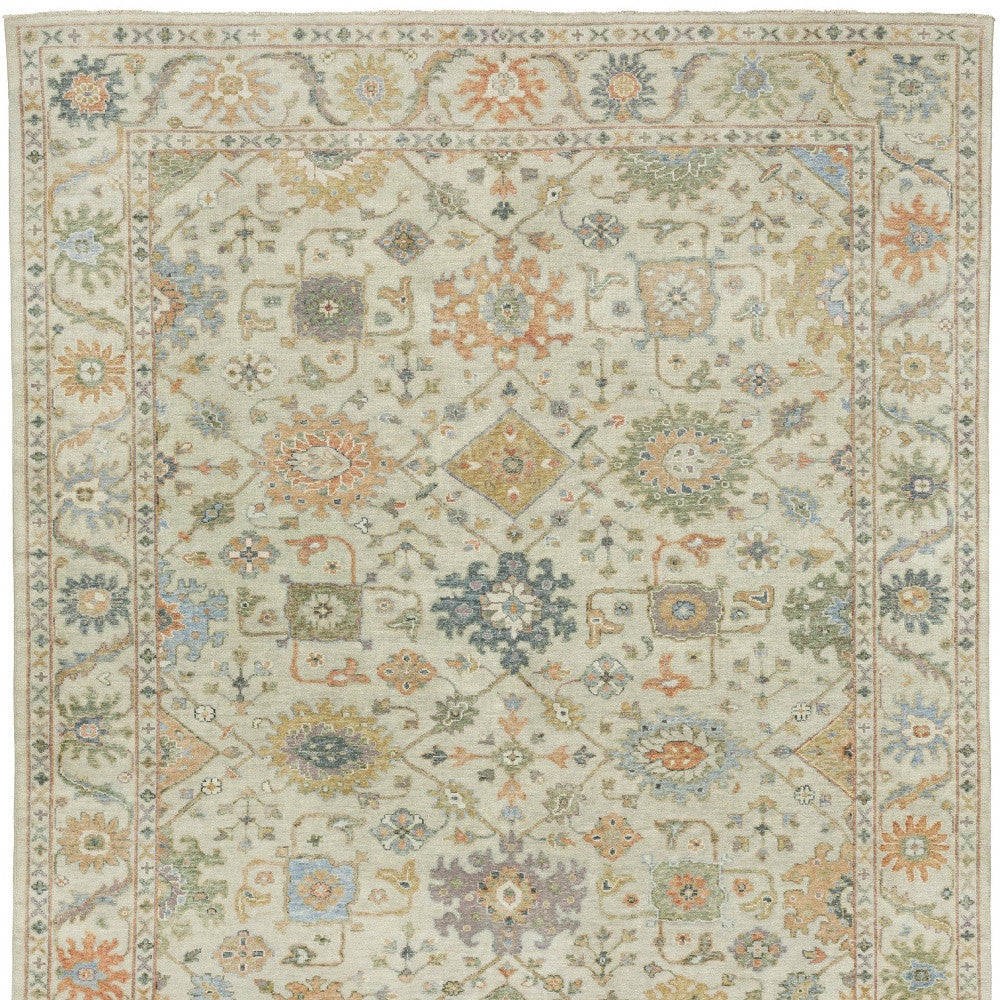 10' X 14' Beige And Green Wool Oriental Hand Knotted Area Rug With Fringe-3