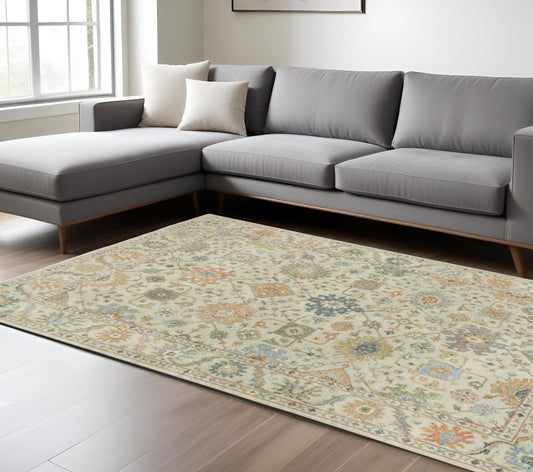10' X 14' Beige And Green Wool Oriental Hand Knotted Area Rug With Fringe-0